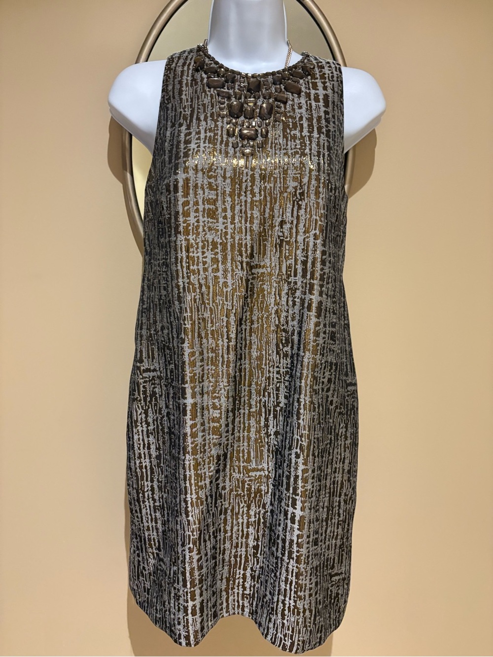 Maggy London Jeweled Metallic Gold Cocktail Dress Mini Sleeveless Size 4P